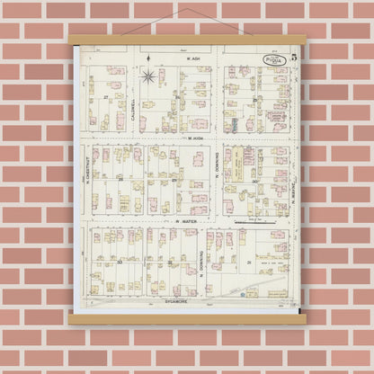 Old map wall art mockup — magnetic wood frame on brick wall — Sanborn Fire Insurance Map from Piqua, Miami County, Ohio (1887), Sheet #0005