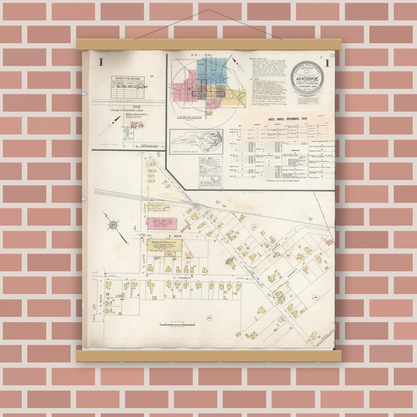 Old map wall art mockup — magnetic wood frame on brick wall — Sanborn Fire Insurance Map from Ahoskie, Hertford County, North Carolina (1940), Sheet #0001