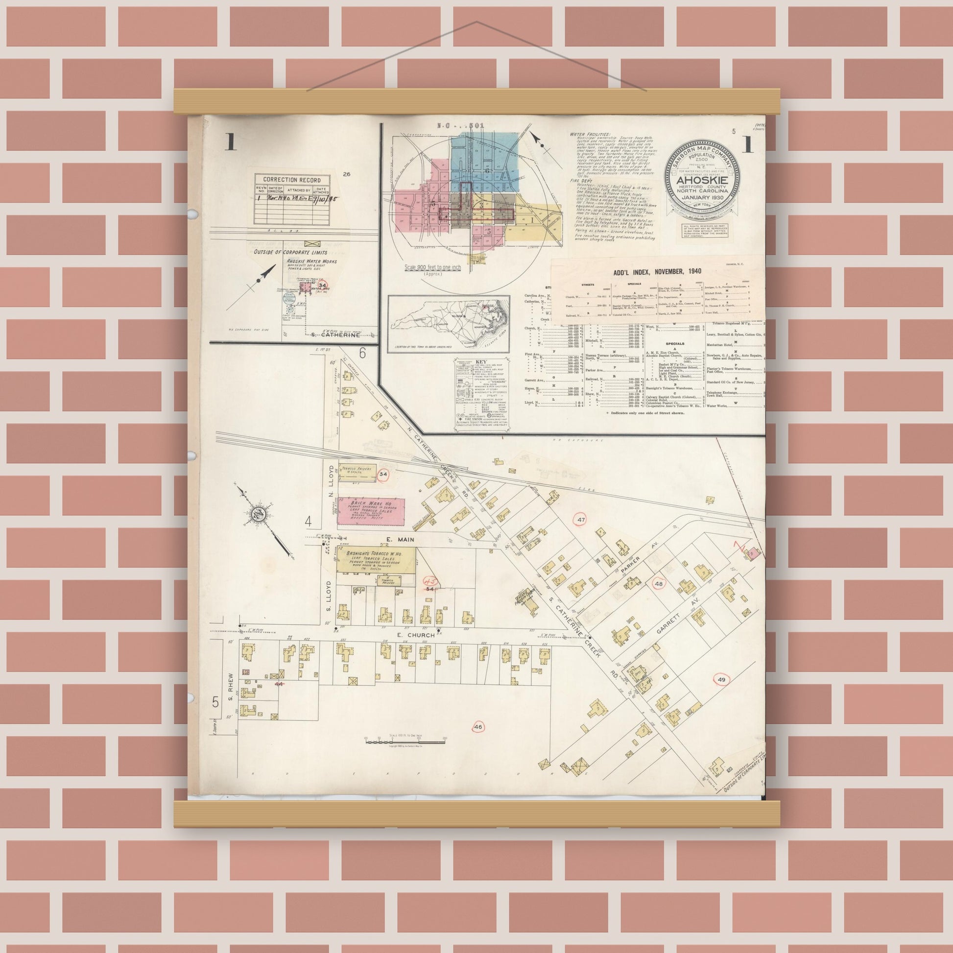 Old map wall art mockup — magnetic wood frame on brick wall — Sanborn Fire Insurance Map from Ahoskie, Hertford County, North Carolina (1940), Sheet #0001