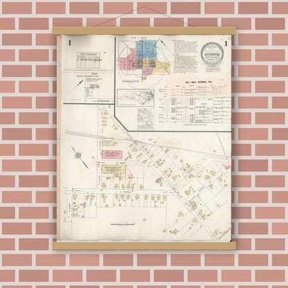 Old map wall art mockup — magnetic wood frame on brick wall — Sanborn Fire Insurance Map from Ahoskie, Hertford County, North Carolina (1940), Sheet #0001
