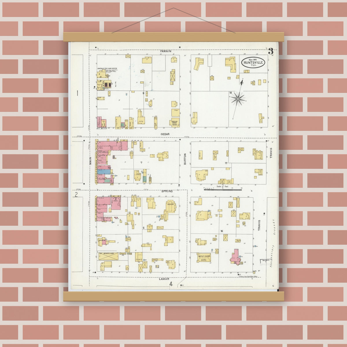 Old map wall art mockup — magnetic wood frame on brick wall — Sanborn Fire Insurance Map from Huntsville, Walker County, Texas (1906), Sheet #0003