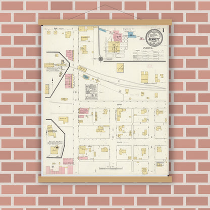Old map wall art mockup — magnetic wood frame on brick wall — Sanborn Fire Insurance Map from Kennett, Dunklin County, Missouri (1911), Sheet #0001