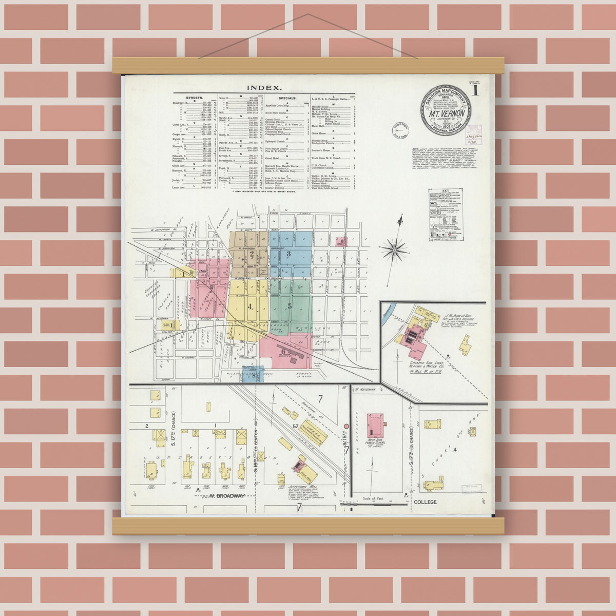Old map wall art mockup — magnetic wood frame on brick wall — Sanborn Fire Insurance Map from Mount Vernon, Jefferson County, Illinois (1902) - Complete Map Set
