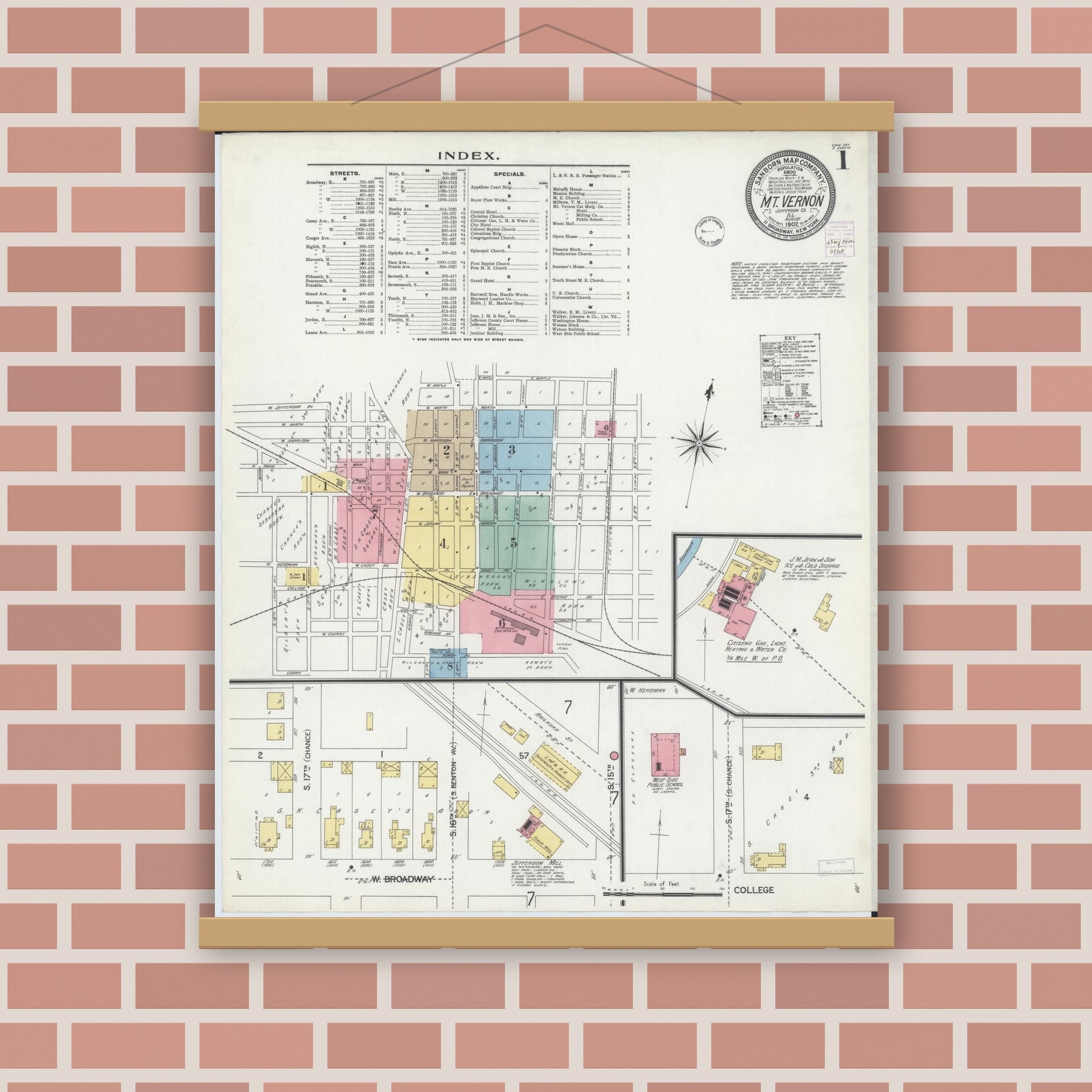 Old map wall art mockup — magnetic wood frame on brick wall — Sanborn Fire Insurance Map from Mount Vernon, Jefferson County, Illinois (1902) - Complete Map Set