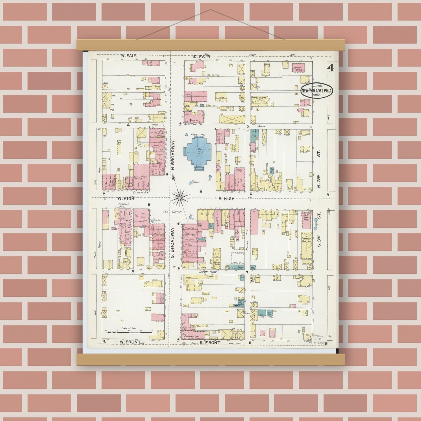 Old map wall art mockup — magnetic wood frame on brick wall — Sanborn Fire Insurance Map from New Philadelphia, Tuscarawas County, Ohio (1892), Sheet #0004