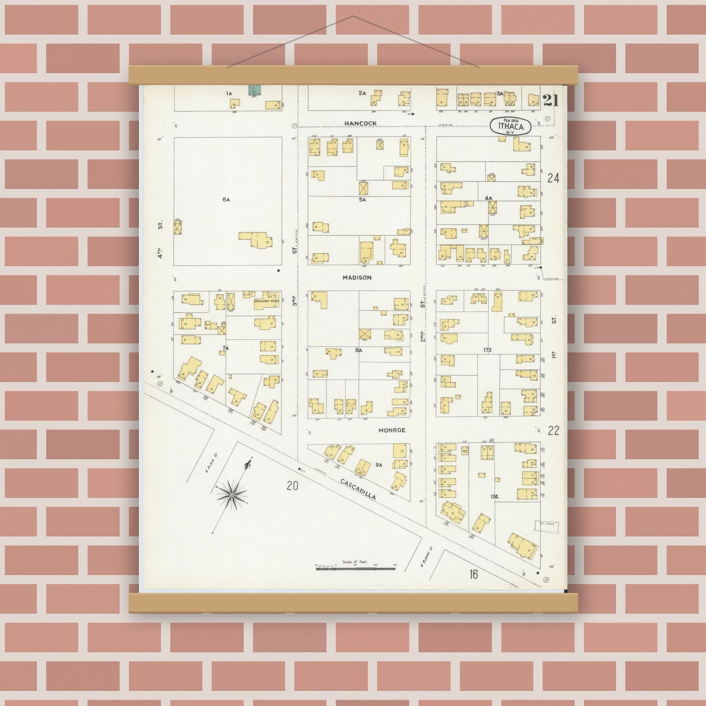 Old map wall art mockup — magnetic wood frame on brick wall — Sanborn Fire Insurance Map from Ithaca, Tompkins County, New York (1904), Sheet #0021