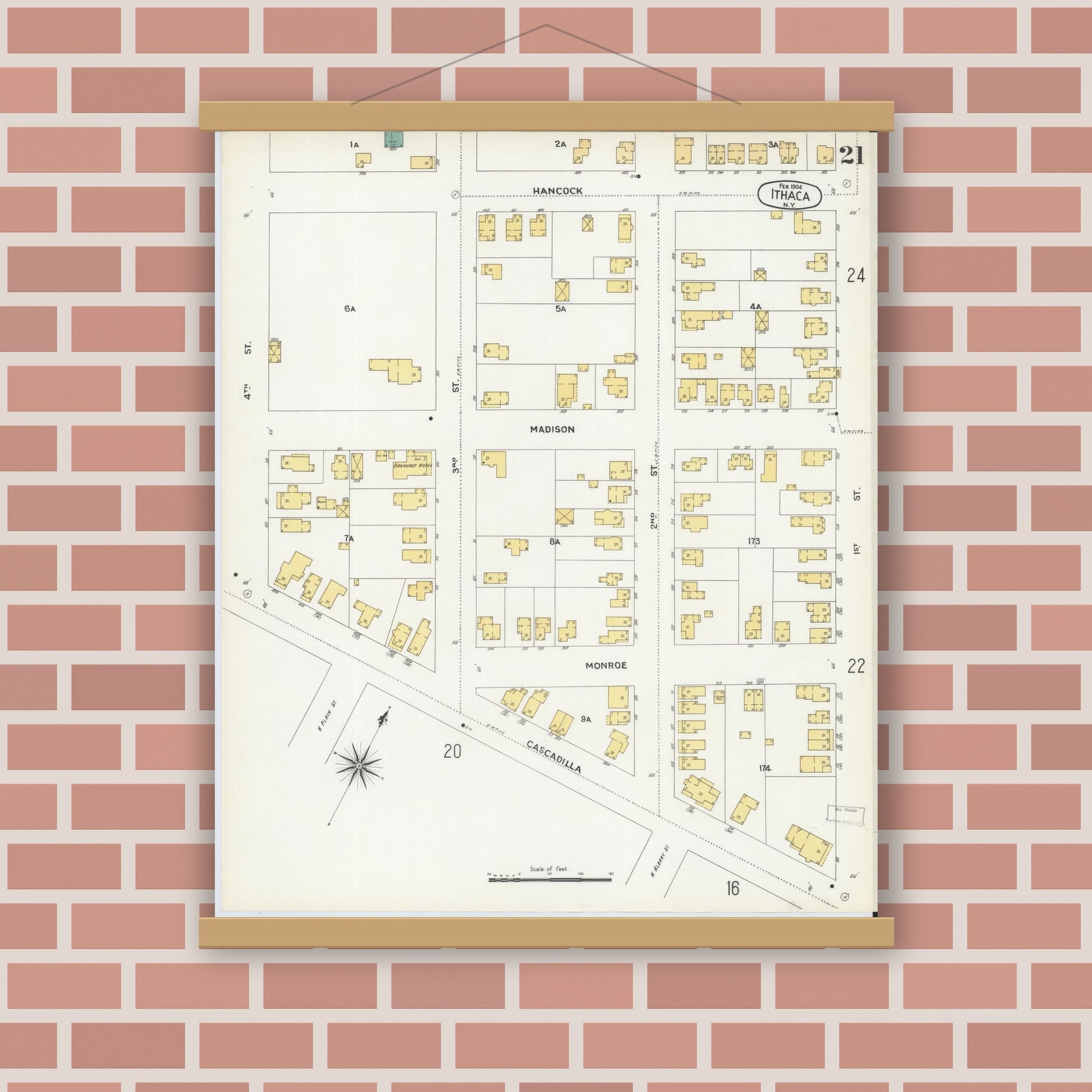 Old map wall art mockup — magnetic wood frame on brick wall — Sanborn Fire Insurance Map from Ithaca, Tompkins County, New York (1904), Sheet #0021