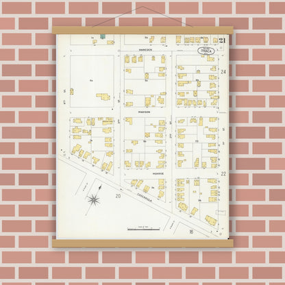 Old map wall art mockup — magnetic wood frame on brick wall — Sanborn Fire Insurance Map from Ithaca, Tompkins County, New York (1904), Sheet #0021