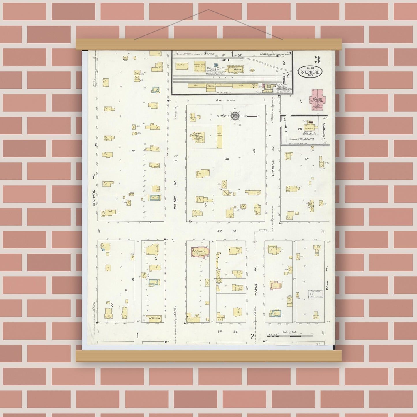Old map wall art mockup — magnetic wood frame on brick wall — Sanborn Fire Insurance Map from Shepherd, Isabella County, Michigan (1910), Sheet #0003