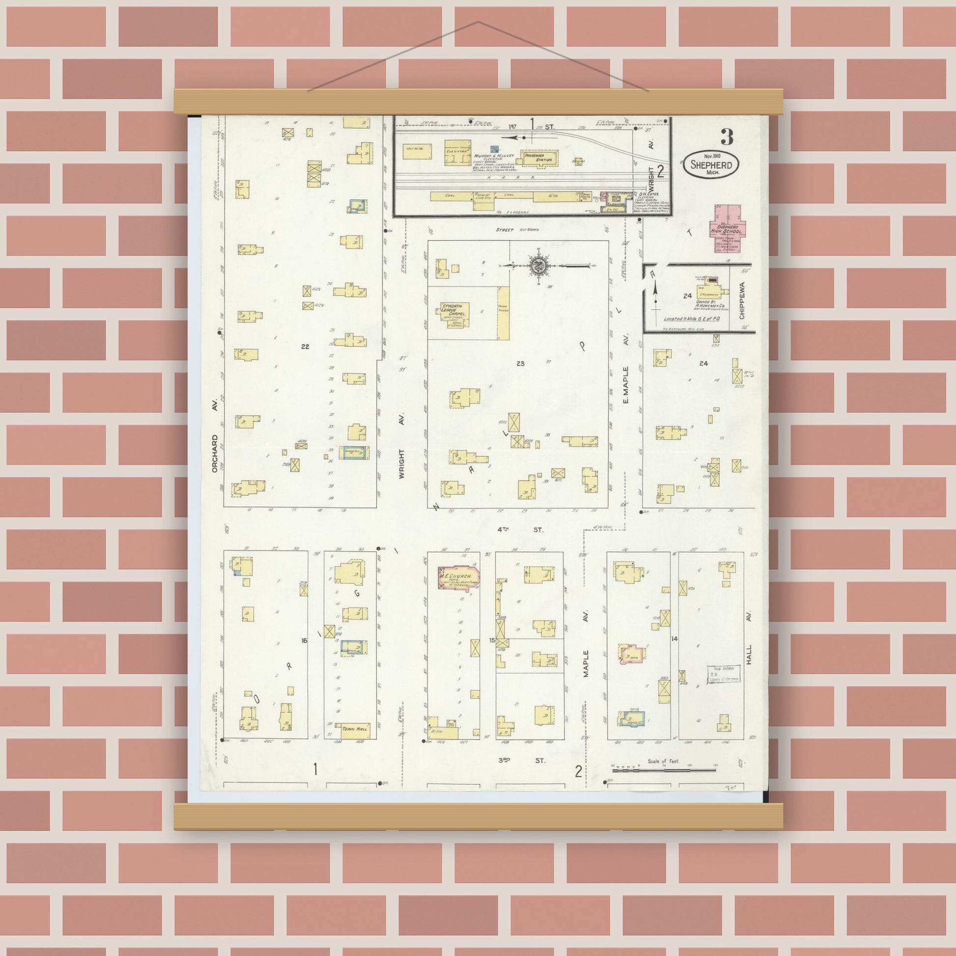 Old map wall art mockup — magnetic wood frame on brick wall — Sanborn Fire Insurance Map from Shepherd, Isabella County, Michigan (1910), Sheet #0003