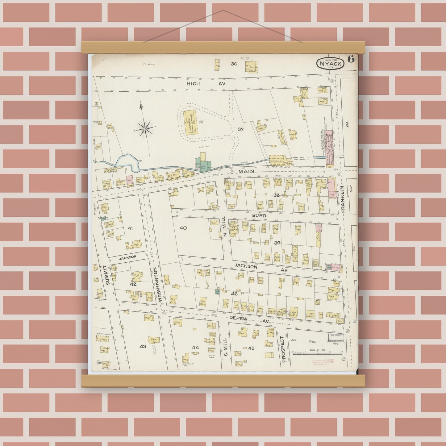 Old map wall art mockup — magnetic wood frame on brick wall — Sanborn Fire Insurance Map from Nyack, Rockland County, New York. (1887), Sheet #0006