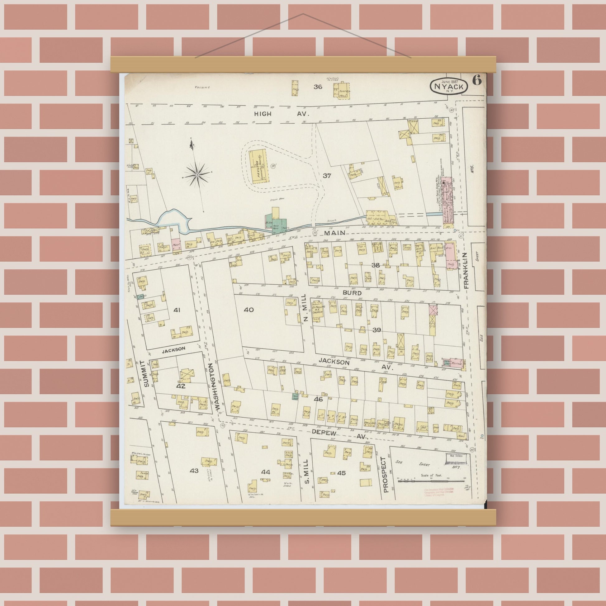 Old map wall art mockup — magnetic wood frame on brick wall — Sanborn Fire Insurance Map from Nyack, Rockland County, New York. (1887), Sheet #0006