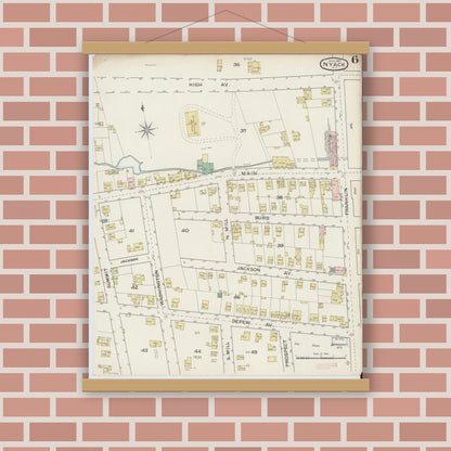 Old map wall art mockup — magnetic wood frame on brick wall — Sanborn Fire Insurance Map from Nyack, Rockland County, New York. (1887), Sheet #0006