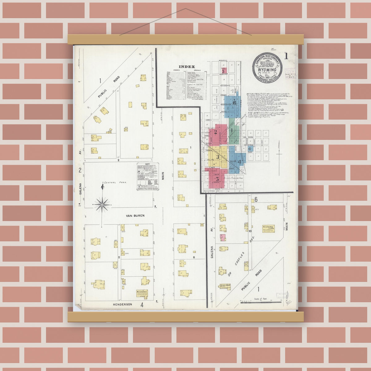 Old map wall art mockup — magnetic wood frame on brick wall — Sanborn Fire Insurance Map from Wyoming, Stark County, Illinois (1907) - Complete Map Set