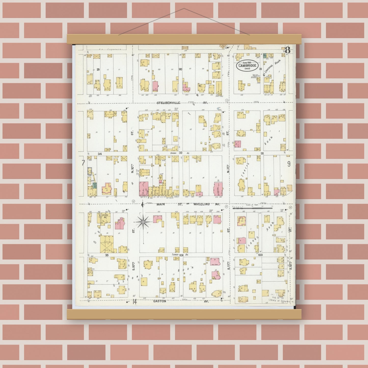 Old map wall art mockup — magnetic wood frame on brick wall — Sanborn Fire Insurance Map from Cambridge, Guernsey County, Ohio (1901), Sheet #0008