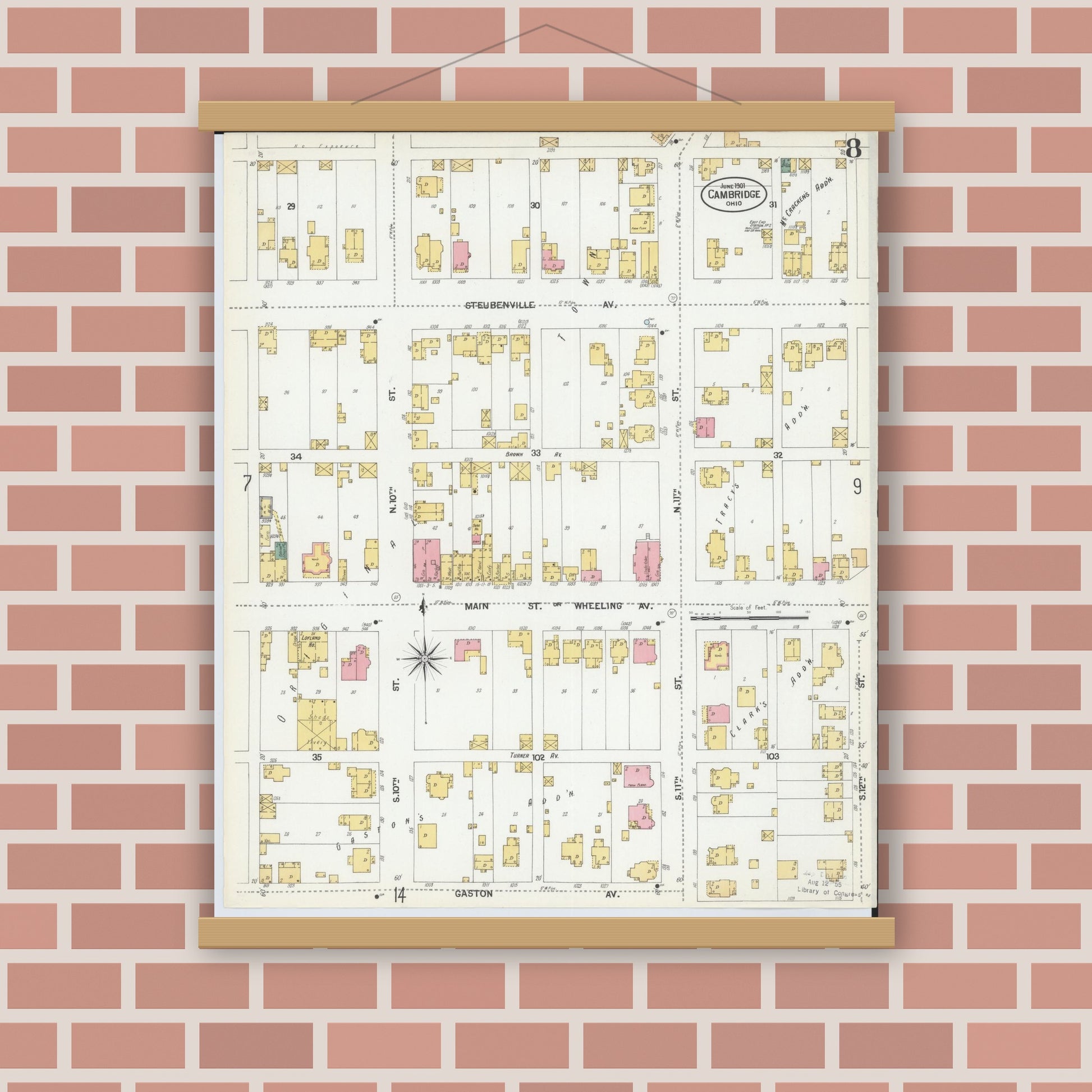 Old map wall art mockup — magnetic wood frame on brick wall — Sanborn Fire Insurance Map from Cambridge, Guernsey County, Ohio (1901), Sheet #0008