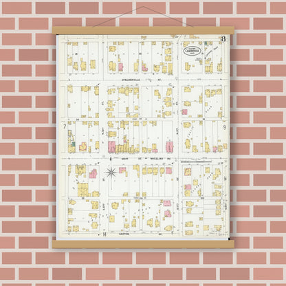 Old map wall art mockup — magnetic wood frame on brick wall — Sanborn Fire Insurance Map from Cambridge, Guernsey County, Ohio (1901), Sheet #0008