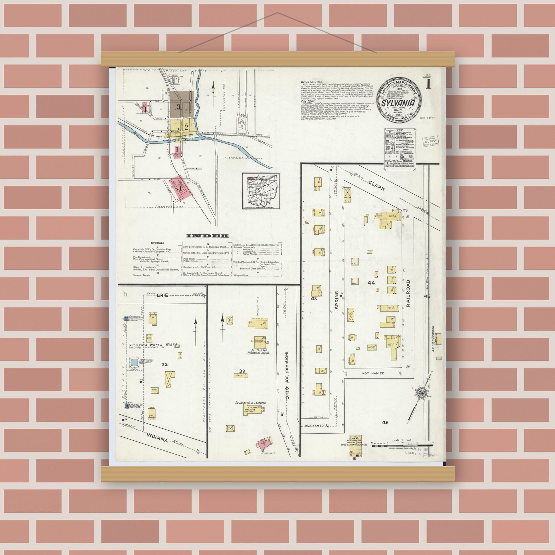 Old map wall art mockup — magnetic wood frame on brick wall — Sanborn Fire Insurance Map from Sylvania, Lucas County, Ohio (1919), Sheet #0001