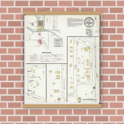 Old map wall art mockup — magnetic wood frame on brick wall — Sanborn Fire Insurance Map from Sylvania, Lucas County, Ohio (1919), Sheet #0001