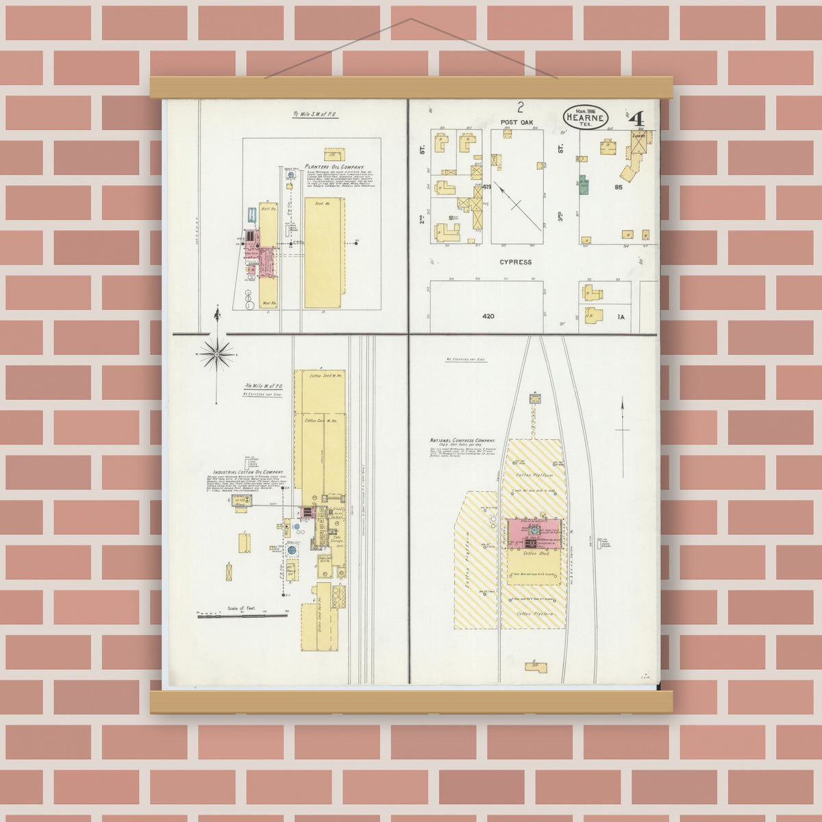 Old map wall art mockup — magnetic wood frame on brick wall — Sanborn Fire Insurance Map from Hearne, Robertson County, Texas (1906), Sheet #0004