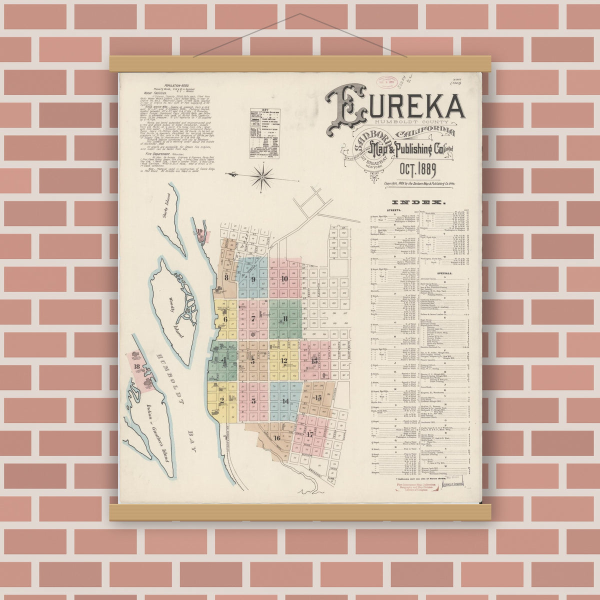 Old map wall art mockup — magnetic wood frame on brick wall — Sanborn Fire Insurance Map from Eureka, Humboldt County, California (1889) - Complete Map Set