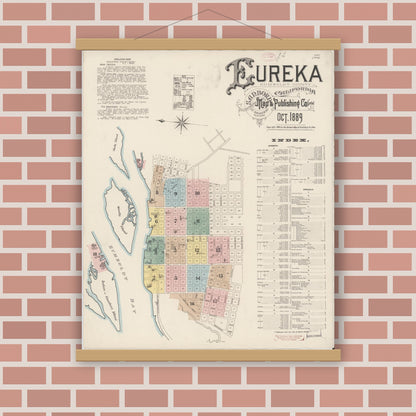 Old map wall art mockup — magnetic wood frame on brick wall — Sanborn Fire Insurance Map from Eureka, Humboldt County, California (1889) - Complete Map Set