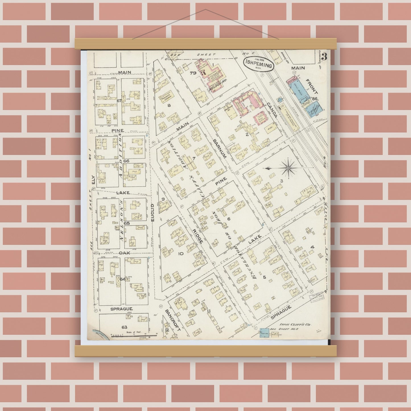 Old map wall art mockup — magnetic wood frame on brick wall — Sanborn Fire Insurance Map from Ishpeming, Marquette County, Michigan (1884), Sheet #0003