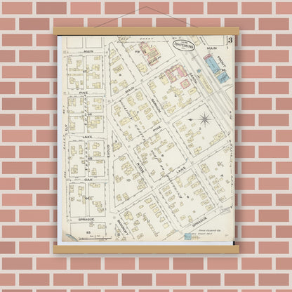 Old map wall art mockup — magnetic wood frame on brick wall — Sanborn Fire Insurance Map from Ishpeming, Marquette County, Michigan (1884), Sheet #0003