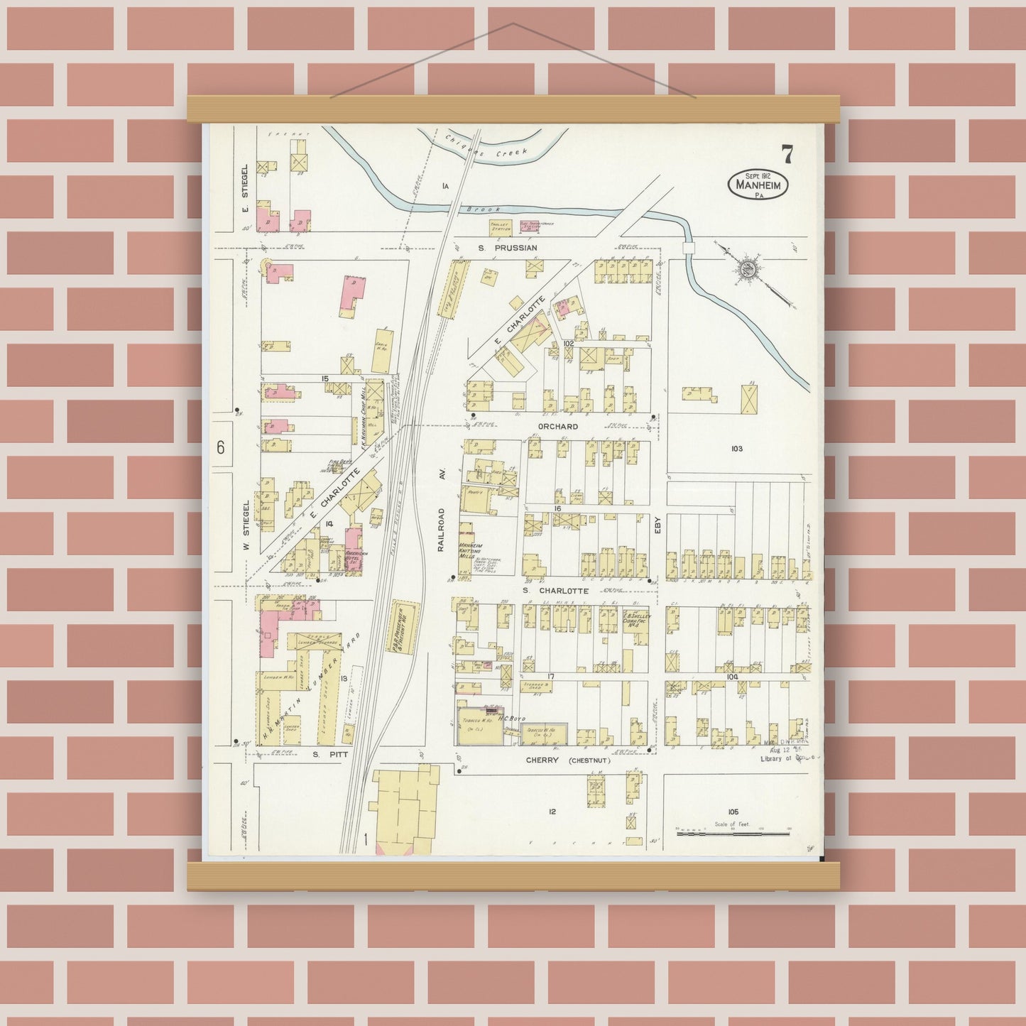 Old map wall art mockup — magnetic wood frame on brick wall — Sanborn Fire Insurance Map from Manheim, Lancaster County, Pennsylvania (1912), Sheet #0007