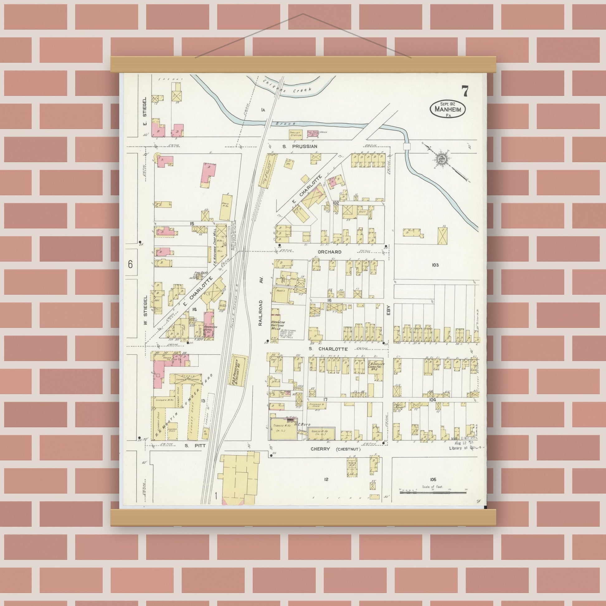 Old map wall art mockup — magnetic wood frame on brick wall — Sanborn Fire Insurance Map from Manheim, Lancaster County, Pennsylvania (1912), Sheet #0007