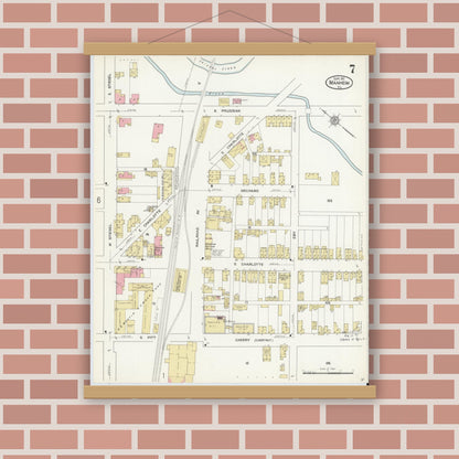 Old map wall art mockup — magnetic wood frame on brick wall — Sanborn Fire Insurance Map from Manheim, Lancaster County, Pennsylvania (1912), Sheet #0007