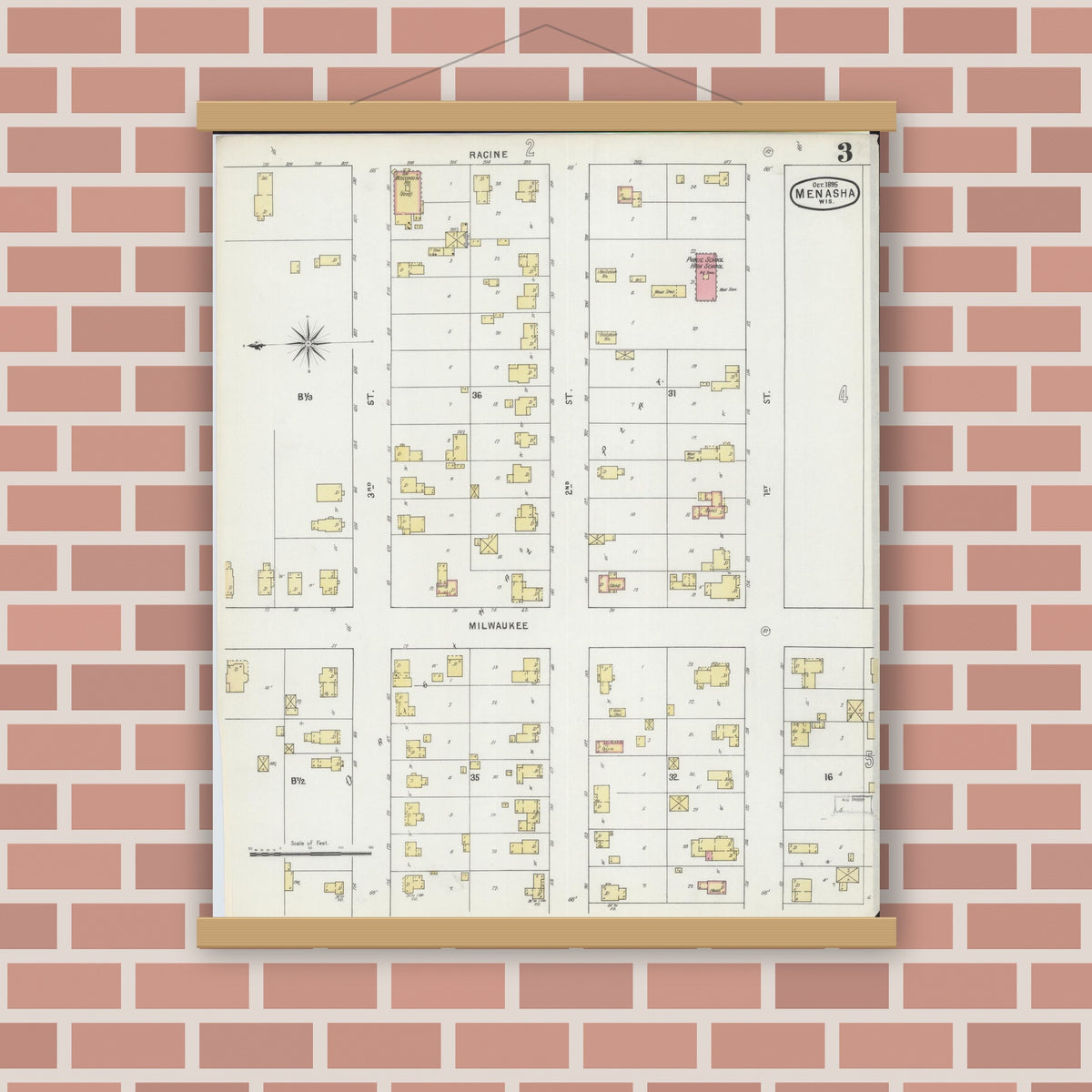 Old map wall art mockup — magnetic wood frame on brick wall — Sanborn Fire Insurance Map from Menasha, Winnebago County, Wisconsin (1895), Sheet #0003