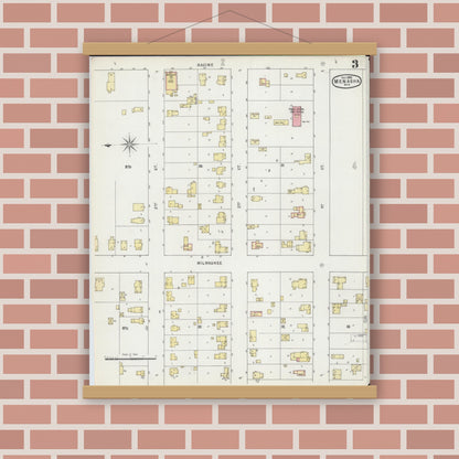 Old map wall art mockup — magnetic wood frame on brick wall — Sanborn Fire Insurance Map from Menasha, Winnebago County, Wisconsin (1895), Sheet #0003