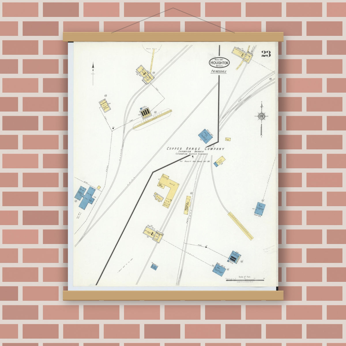 Old map wall art mockup — magnetic wood frame on brick wall — Sanborn Fire Insurance Map from Houghton, Houghton County, Michigan (1917), Sheet #0023