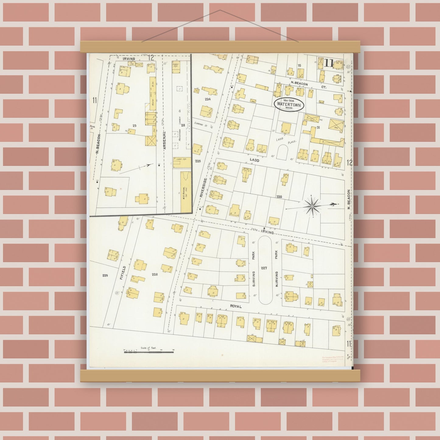 Old map wall art mockup — magnetic wood frame on brick wall — Sanborn Fire Insurance Map from Watertown, Middlesex County, Massachusetts (1904), Sheet #0011