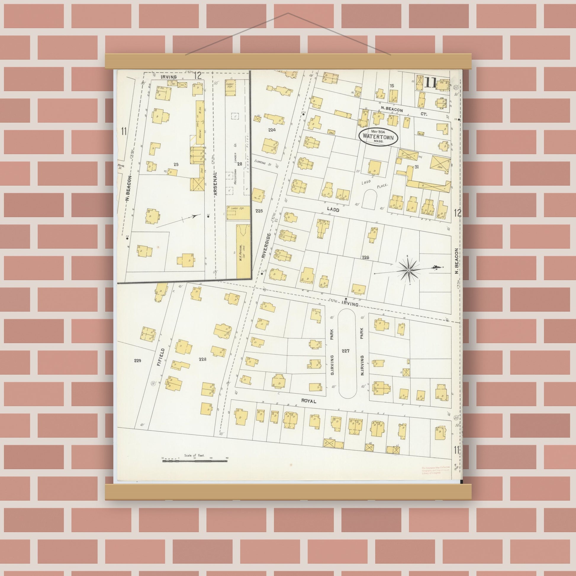 Old map wall art mockup — magnetic wood frame on brick wall — Sanborn Fire Insurance Map from Watertown, Middlesex County, Massachusetts (1904), Sheet #0011