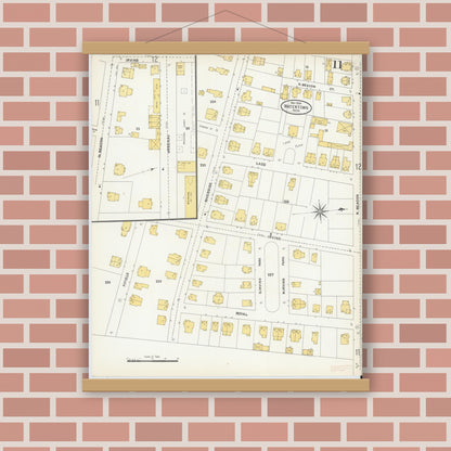 Old map wall art mockup — magnetic wood frame on brick wall — Sanborn Fire Insurance Map from Watertown, Middlesex County, Massachusetts (1904), Sheet #0011