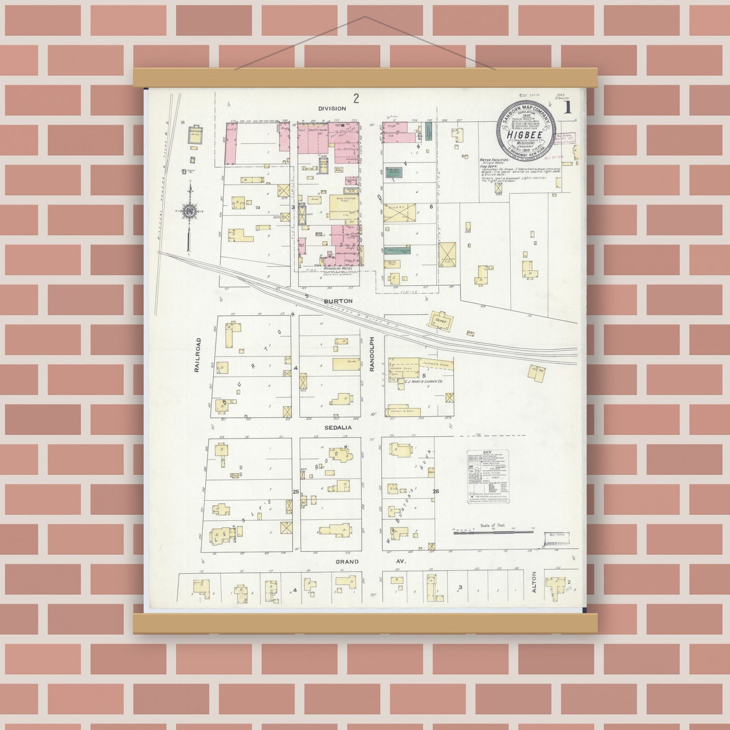 Old map wall art mockup — magnetic wood frame on brick wall — Sanborn Fire Insurance Map from Higbee, Randolph County, Missouri (1910), Sheet #0001