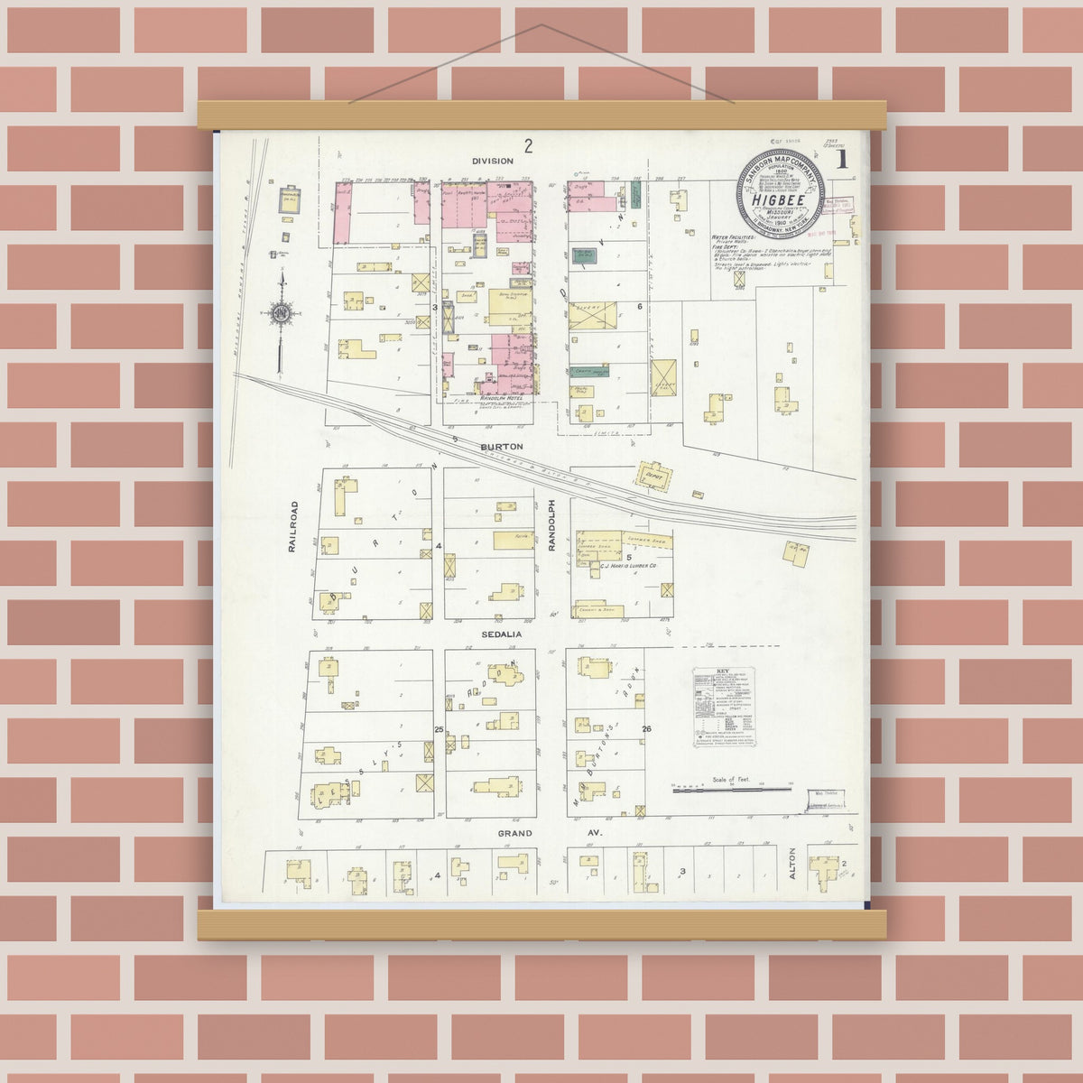 Old map wall art mockup — magnetic wood frame on brick wall — Sanborn Fire Insurance Map from Higbee, Randolph County, Missouri (1910), Sheet #0001