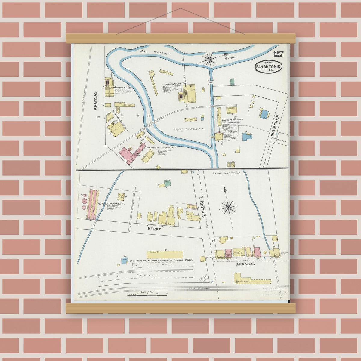 Old map wall art mockup — magnetic wood frame on brick wall — Sanborn Fire Insurance Map from San Antonio, Bexar County, Texas (1892), Sheet #0027