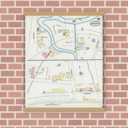 Old map wall art mockup — magnetic wood frame on brick wall — Sanborn Fire Insurance Map from San Antonio, Bexar County, Texas (1892), Sheet #0027