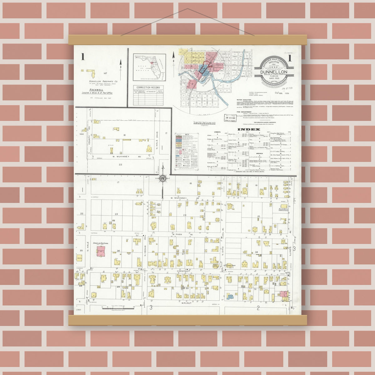 Old map wall art mockup — magnetic wood frame on brick wall — Sanborn Fire Insurance Map from Dunnellon, Marion County, Florida (1933) - Complete Map Set