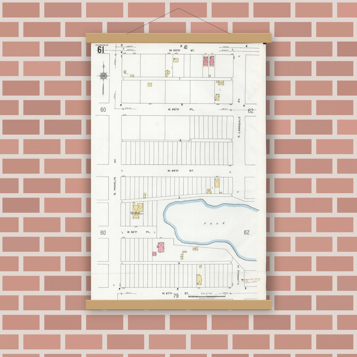 Old map wall art mockup — magnetic wood frame on brick wall — Sanborn Fire Insurance Map from Chicago, Cook County, Illinois (1920), Sheet #0061