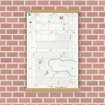 Old map wall art mockup — magnetic wood frame on brick wall — Sanborn Fire Insurance Map from Chicago, Cook County, Illinois (1920), Sheet #0061