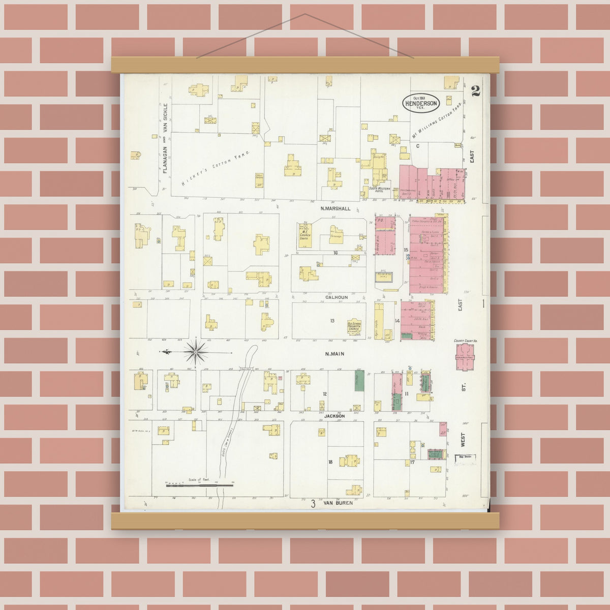 Old map wall art mockup — magnetic wood frame on brick wall — Sanborn Fire Insurance Map from Henderson, Rusk County, Texas (1901), Sheet #0002