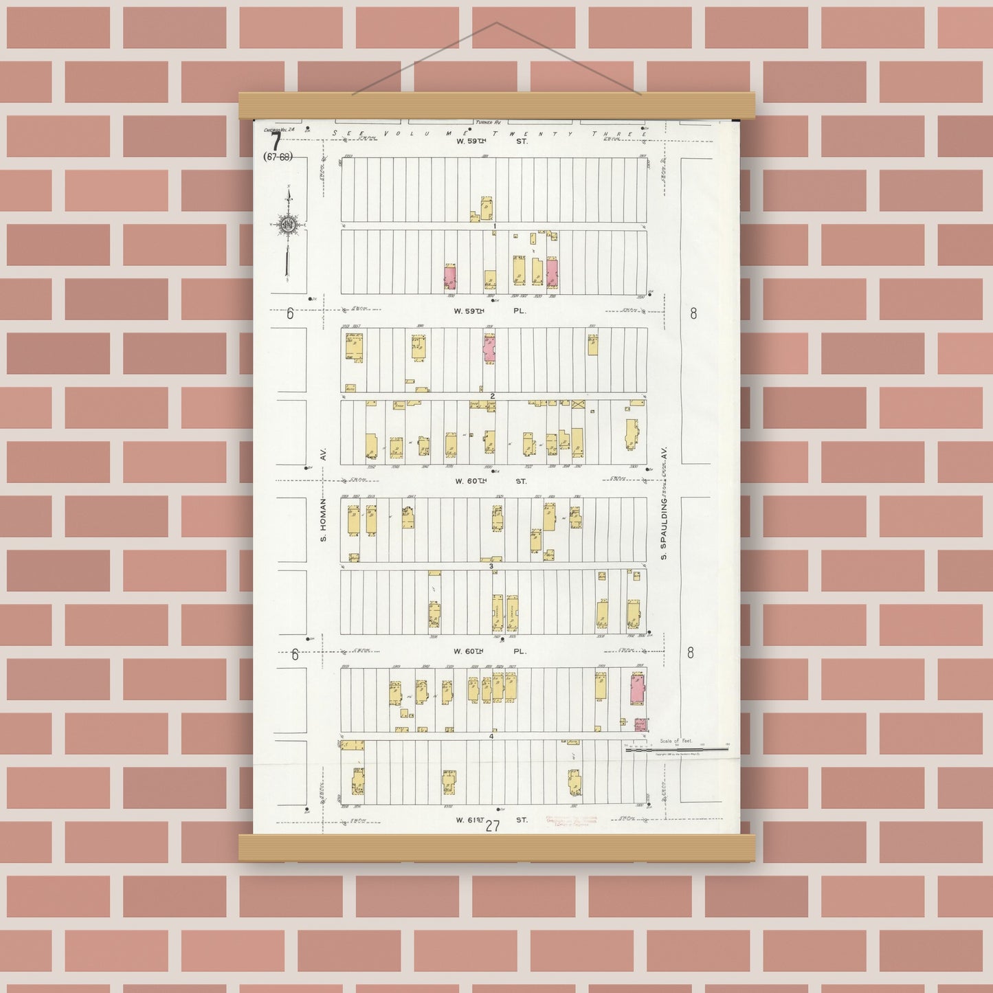 Old map wall art mockup — magnetic wood frame on brick wall — Sanborn Fire Insurance Map from Chicago, Cook County, Illinois (1920), Sheet #0007