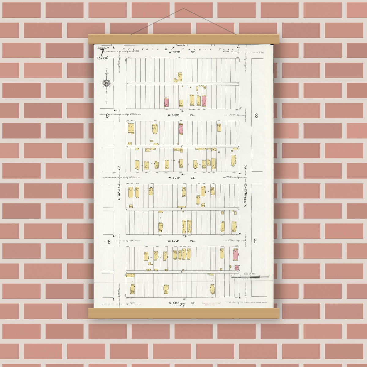 Old map wall art mockup — magnetic wood frame on brick wall — Sanborn Fire Insurance Map from Chicago, Cook County, Illinois (1920), Sheet #0007