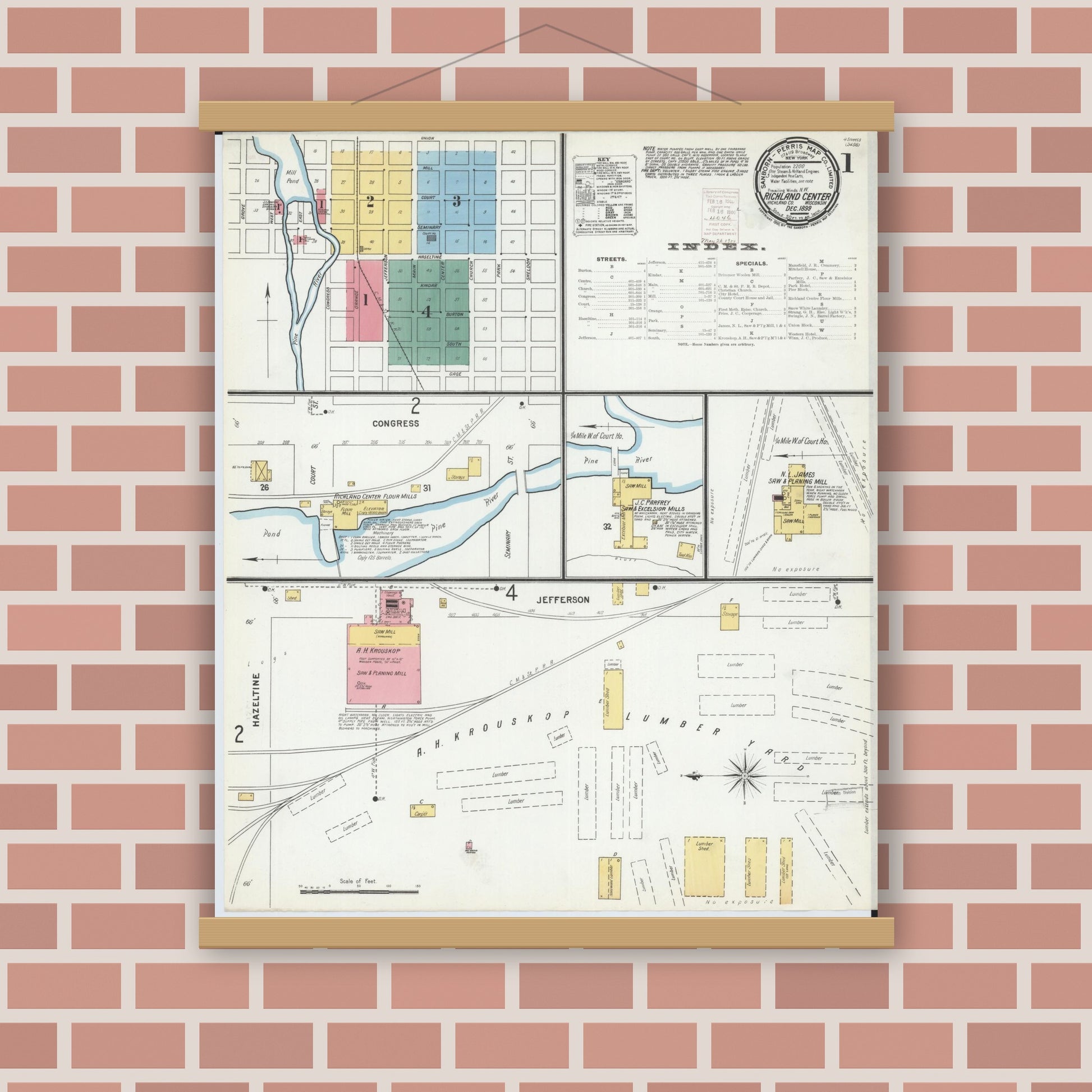 Old map wall art mockup — magnetic wood frame on brick wall — Sanborn Fire Insurance Map from Richland Center, Richland County, Wisconsin (1899) - Complete Map Set