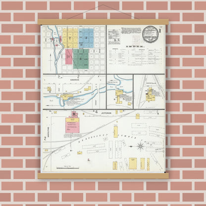 Old map wall art mockup — magnetic wood frame on brick wall — Sanborn Fire Insurance Map from Richland Center, Richland County, Wisconsin (1899) - Complete Map Set