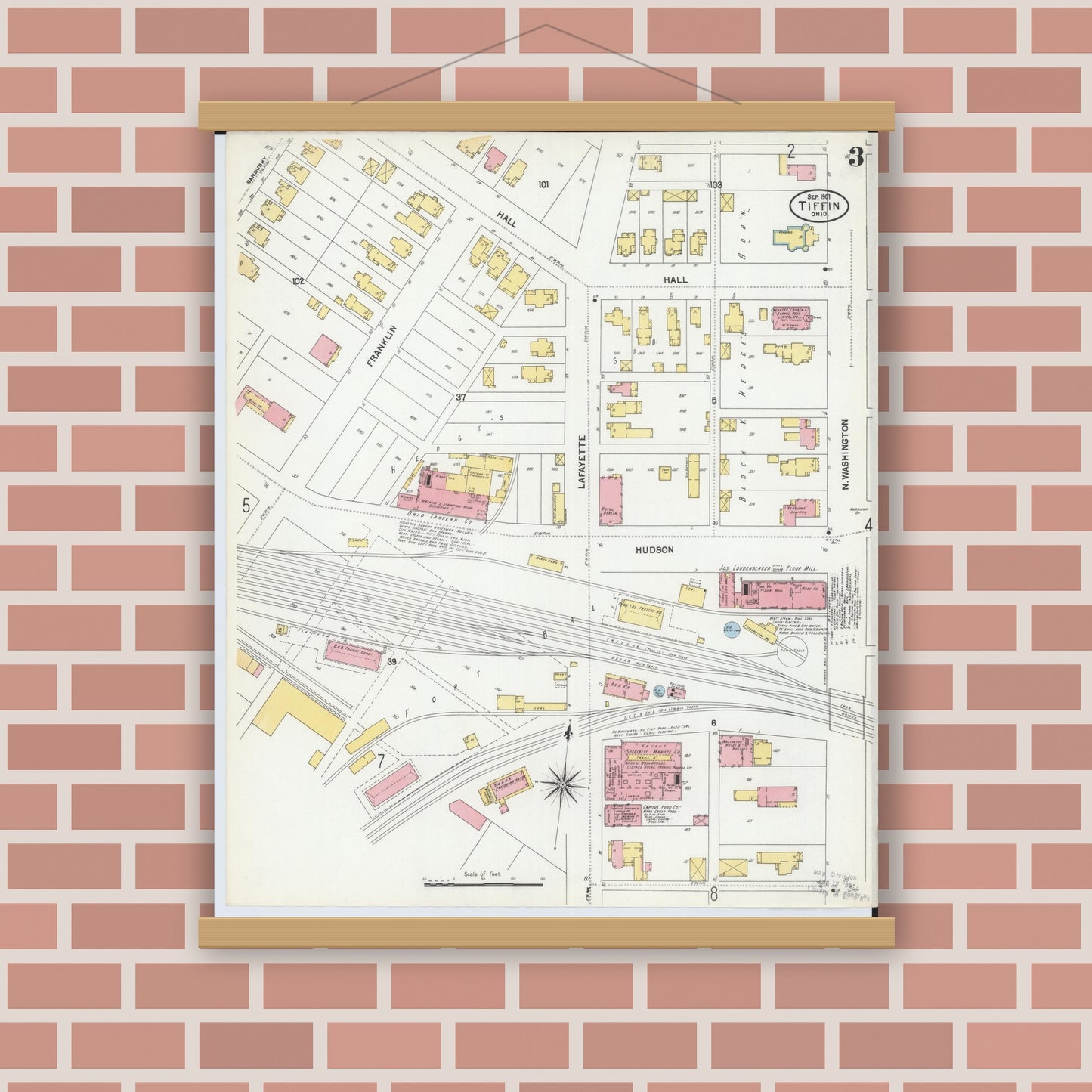 Old map wall art mockup — magnetic wood frame on brick wall — Sanborn Fire Insurance Map from Tiffin, Seneca County, Ohio (1901), Sheet #0003